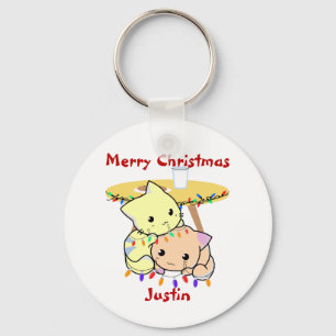 Kat kerstcadeau, gepersonaliseerde naam sleutelhanger