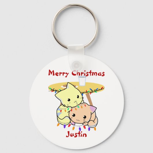 Kat kerstcadeau, gepersonaliseerde naam sleutelhanger (Voorkant)