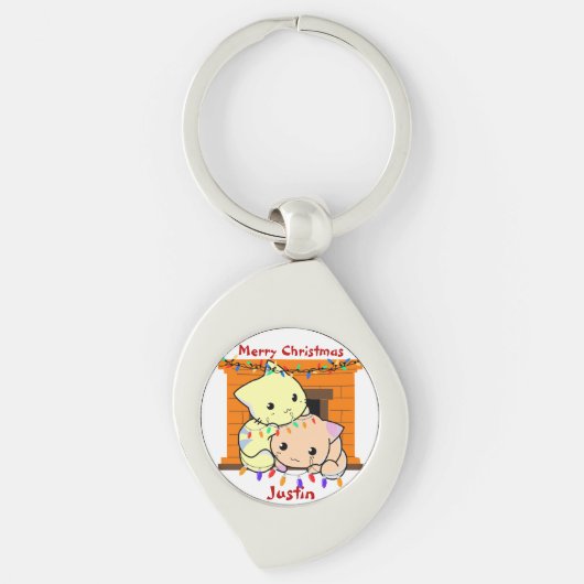 Kat kerstcadeau, gepersonaliseerde naam sleutelhanger (Voorkant)