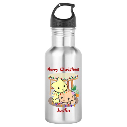 Kat kerstcadeau, gepersonaliseerde naam waterfles (Voorkant)