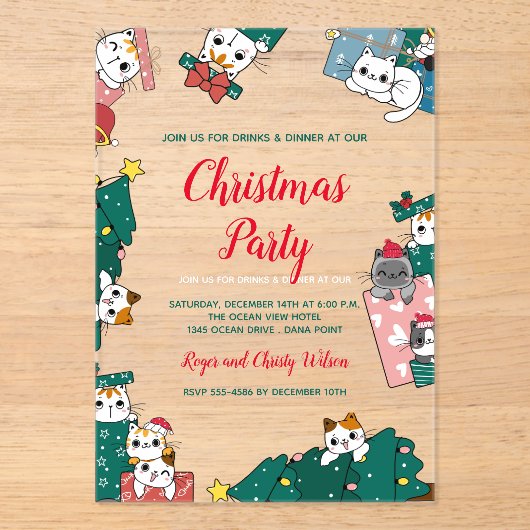 Kat Kerstfeest Acryl Uitnodigingen (Voorkant)