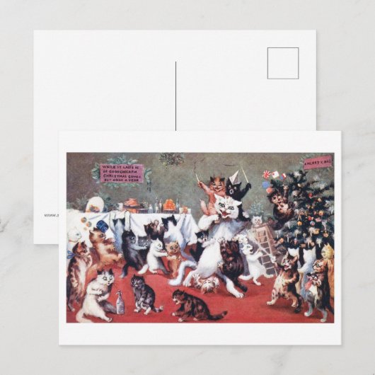 Kat-kerstfeest met Kittens, Louis Wain Postc Briefkaart (Voorkant / Achterkant)