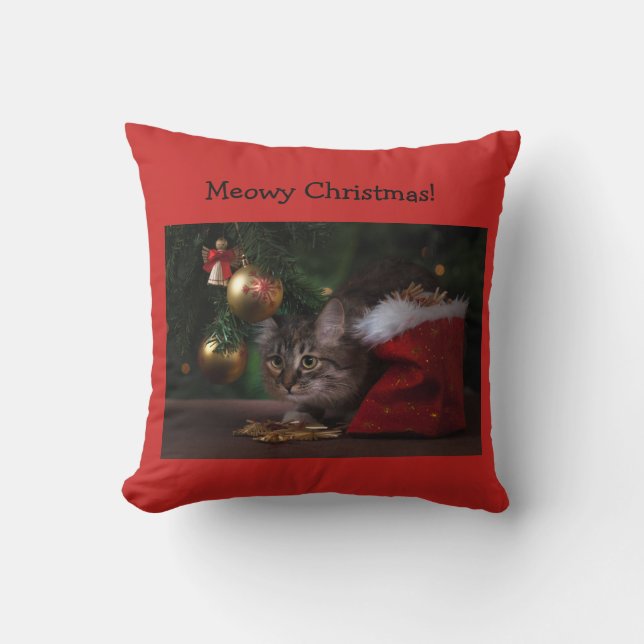 Kat kerstkussen met "Meowy kerstmis" Kussen (Voorkant)