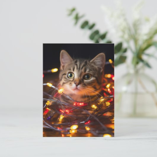 Kat kerstlampjes briefkaart (Staand voorkant)