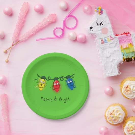 Kat-kerstlampjes Funny Meowy en Bright Papieren Bordje (Feest)