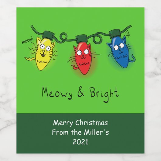 Kat-kerstlampjes Funny Meowy en Bright Wijn Etiket (Enkel label)
