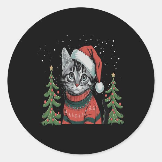 Kat Kerstlicht Rendier Kerstman Ronde Sticker (Voorkant)