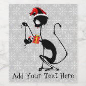 Kat Kerstman en muis met kerstcadeau Wijn Etiket (Enkel label)