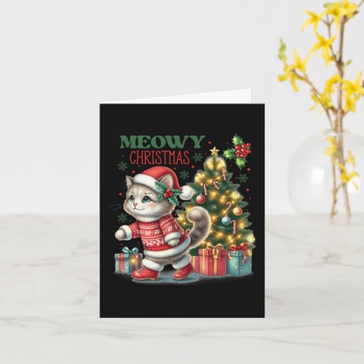 Kat Kerstman Hoed En Boom Grappige Meowy Katten Kaart (Gele Bloem)