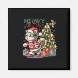 Kat Kerstman Hoed En Boom Grappige Meowy Katten Magneet
