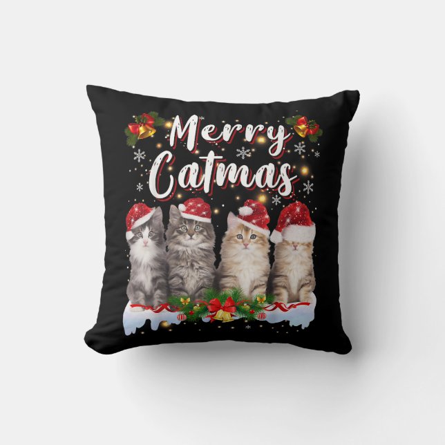 Kat Kerstman Hoed Grappige Vrolijke Kerstmis Kussen (Voorkant)