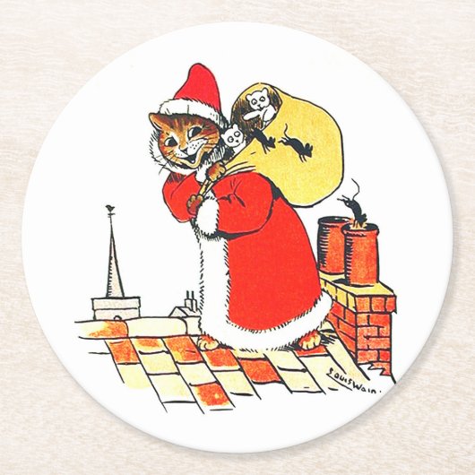  kat kerstman, Louis Wain Ronde Kartonnen Onderzetter (Voorkant)