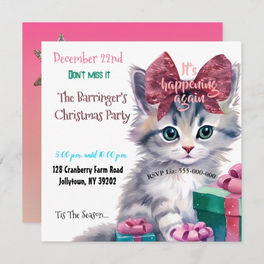 Kat Kerstmis Jaarlijks Feest Kaart (Voorkant / Achterkant)