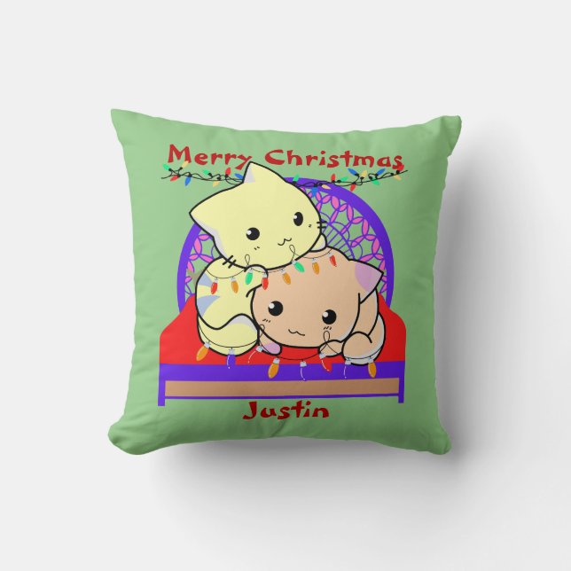 Kat kerstmis op bed, gepersonaliseerde naam kussen (Voorkant)