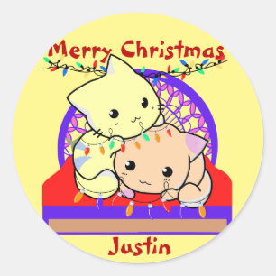 Kat kerstmis op bed, gepersonaliseerde naam ronde sticker