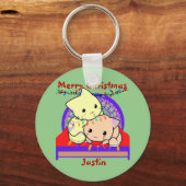 Kat kerstmis op bed, gepersonaliseerde naam sleutelhanger (Voorkant)