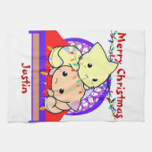 Kat kerstmis op bed, gepersonaliseerde naam theedoek (Horizontaal)