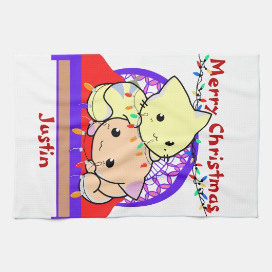 Kat kerstmis op bed, gepersonaliseerde naam theedoek (Horizontaal)