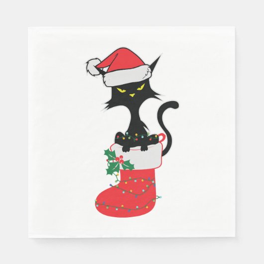 Kat Kerstmis Santa Hat Servet (Voorkant)