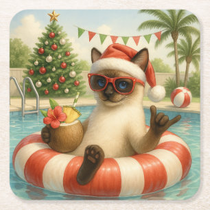 Kat Kerstmis Zomer Juli Pool Party Kartonnen Onderzetters