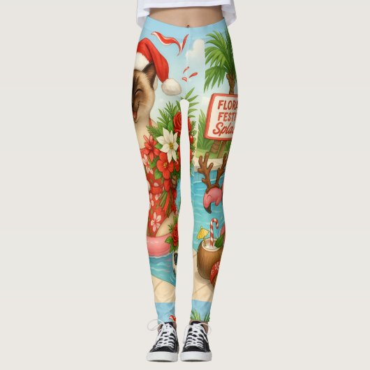 Kat Kerstmis Zomer Juli Pool Party Leggings (Voorkant)