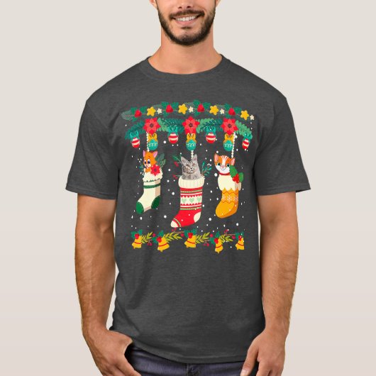 Kat kerstsokjes met Kerstmis, lampjes met Pajama m T-shirt (Voorkant)