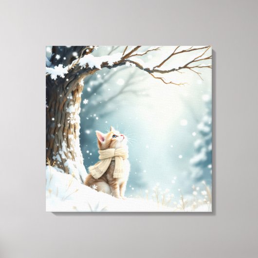 Kat kijken naar sneeuwvlokken canvas afdruk (Voorkant)