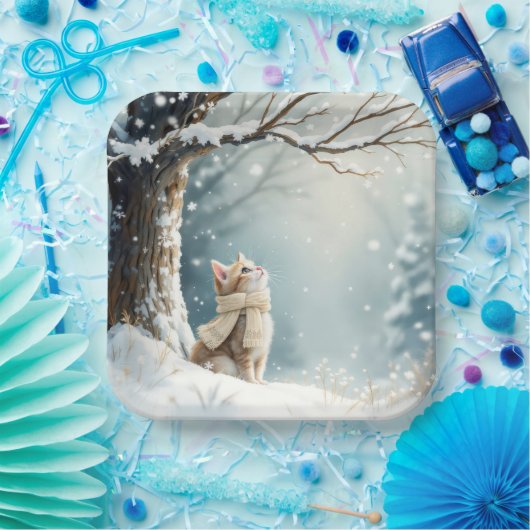 Kat kijken naar sneeuwvlokken papieren bordje (Feest)