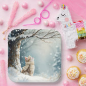 Kat kijken naar sneeuwvlokken papieren bordje (Feest)