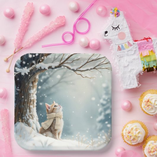 Kat kijken naar sneeuwvlokken papieren bordje (Feest)