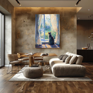 Kat kijken vanuit zonovergoten raam - Impressionis Poster