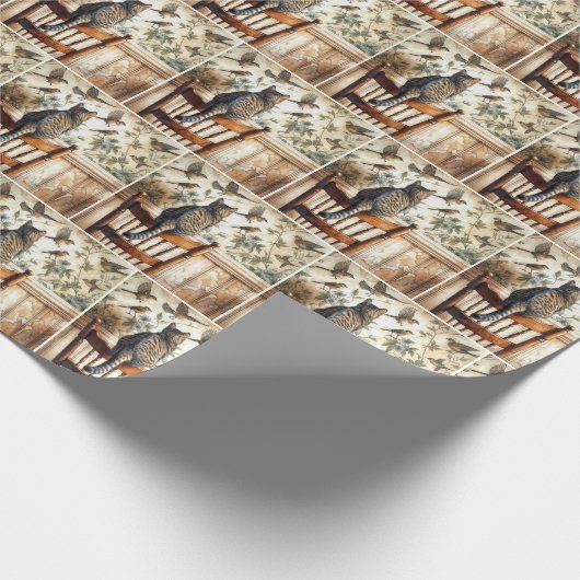 Kat kijken vogels op behang cadeaupapier (Hoek)