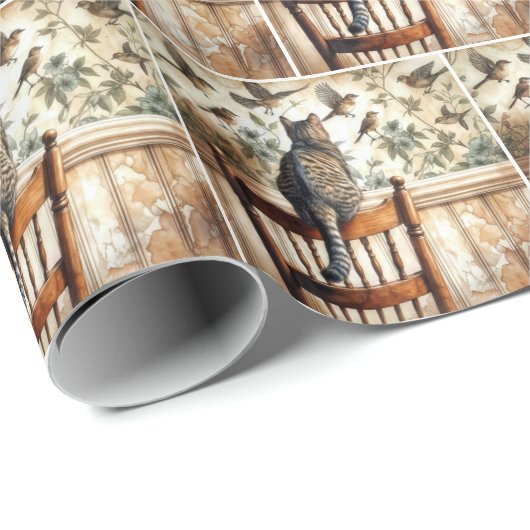 Kat kijken vogels op behang cadeaupapier (Rol Hoek)