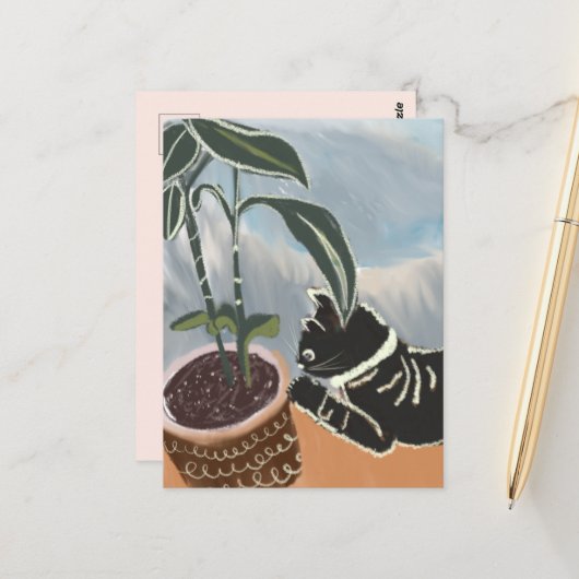 Kat kijkt naar huisplanten briefkaart (Voorkant / Achterkant in situ)