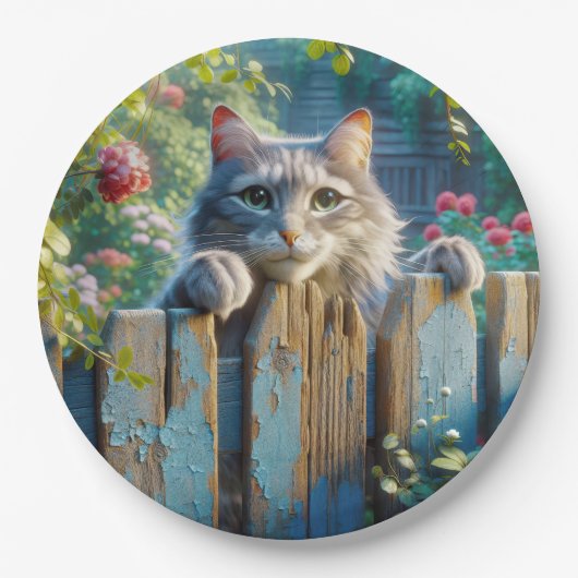 Kat kijkt over een hek papieren bordje (Voorkant)