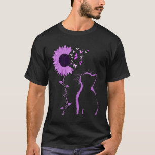 Kat Kijkt Paarse Zonnebloem Vlinder Overdosis Bewu T-shirt