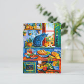 Kat kijkt uit keukenraam briefkaart (Staand voorkant)