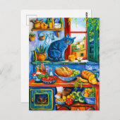 Kat kijkt uit keukenraam briefkaart (Voorkant / Achterkant)