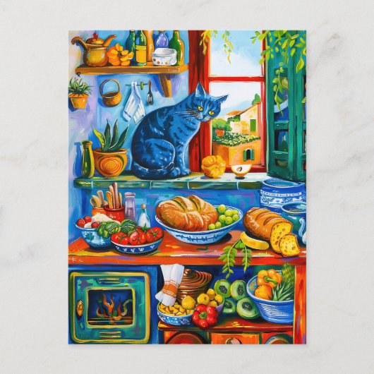 Kat kijkt uit keukenraam briefkaart (Voorkant)