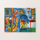 Kat kijkt uit keukenraam legpuzzel (Horizontaal)