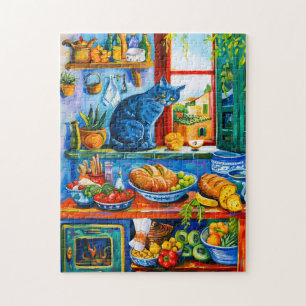 Kat kijkt uit keukenraam legpuzzel
