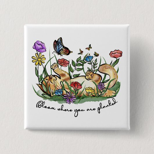 Kat kitten die tuinvlinderbloemen spelen vierkante button 5,1 cm (Voorkant)