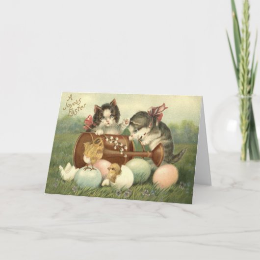 Kat Kitten Pasen Gekleurd Geschilderd Ei Kuiken Feestdagen Kaart (Voorkant)