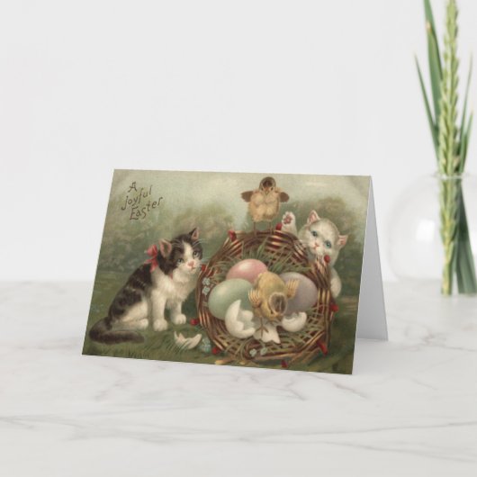 Kat Kitten Pasen Gekleurd Geschilderd Ei Kuiken Feestdagen Kaart (Voorkant)