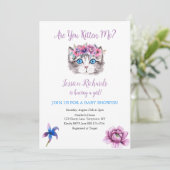 Kat kitten roze paarse baby shower invi kaart (Staand voorkant)