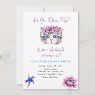 Kat kitten roze paarse baby shower invi kaart