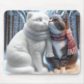 Kat knuffelen met een sneeuwkattensculptuur muismat (Voorkant)