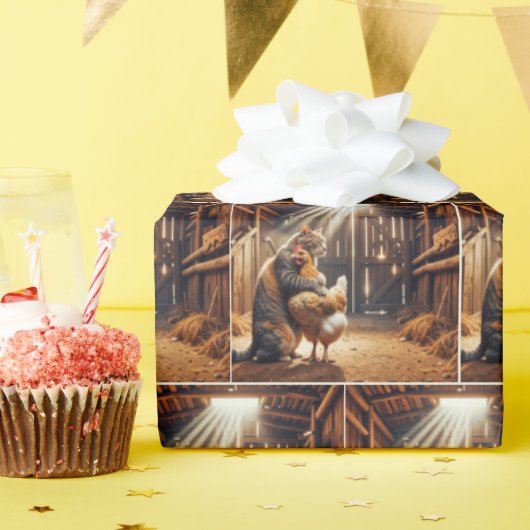 Kat Knuffelt Een Boerderij Kip Cadeaupapier (Verjaardagsfeest)