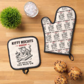 Kat koekjes bakkerij ovenwant & pannenlap set (Top down)