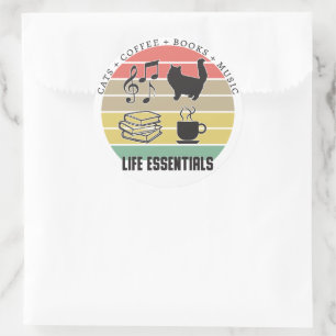 Kat, koffie, boeken, muziek, Vintage Ronde Sticker